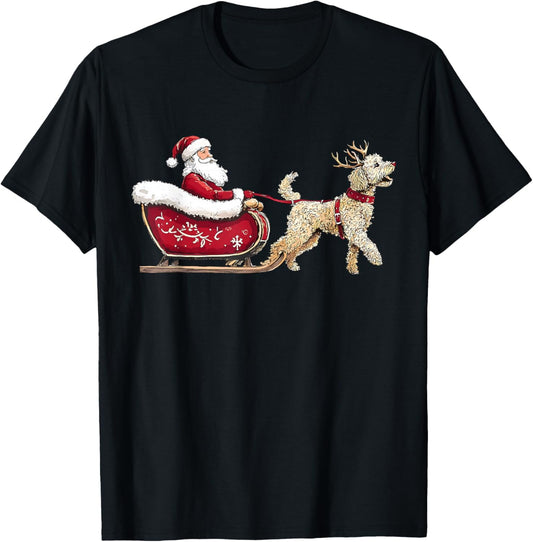Funny Santa Claus Goldendoodle Reindeer Sleigh Christmas T-Shirt - T-Shirt | Black
