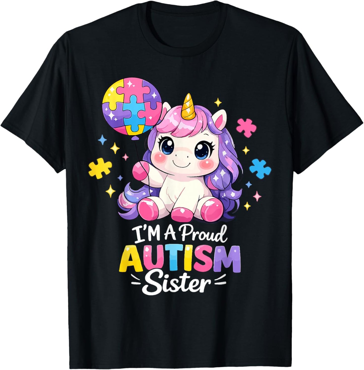 Proud Sister Autism Awareness Cute Unicorn Puzzle Girls T-Shirt - T-Shirt | Black