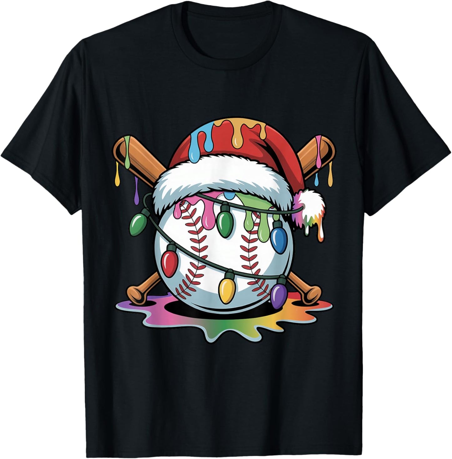 Christmas Baseball Ice Cream Dripping Santa Baseball Drip T-Shirt - T-Shirt | Black