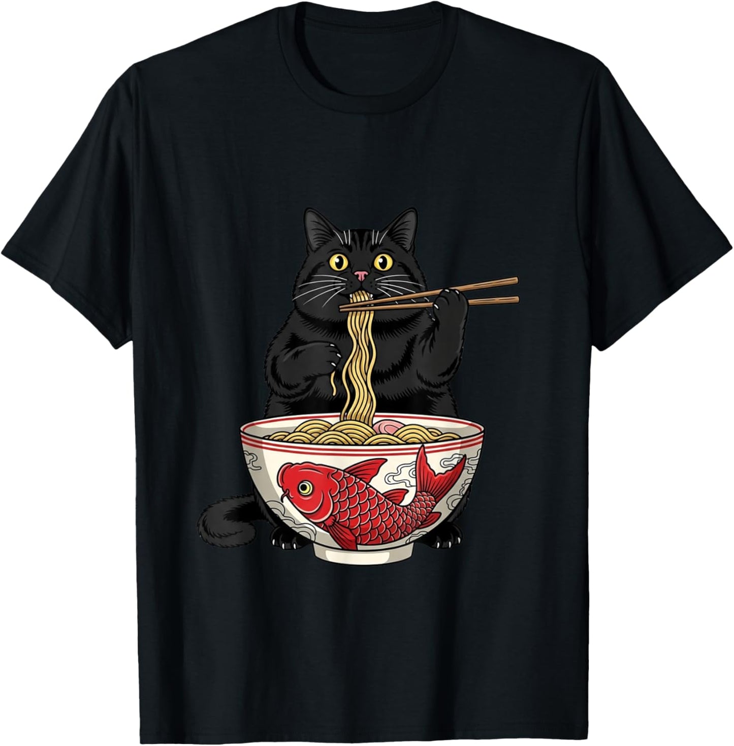 Funny Black Fat Cat Eating Ramen Noodles Anime T-Shirt - T-Shirt | Black