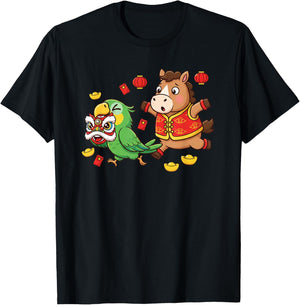Chinese Horse Parrot Funny Kids Happy New Year T-Shirt - T-Shirt | Black