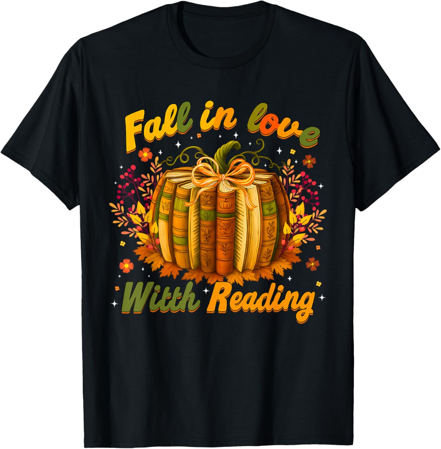 Book Pumpkins Teachers Librarian Fall in Love with Reading T-Shirt - T-Shirt | Black