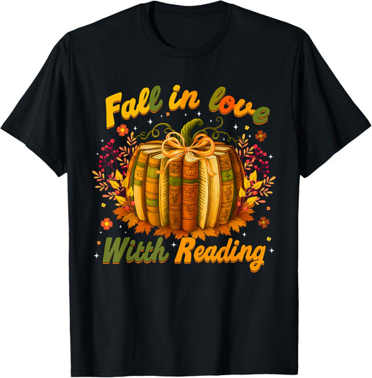 Book Pumpkins Teachers Librarian Fall in Love with Reading T-Shirt - T-Shirt | Black
