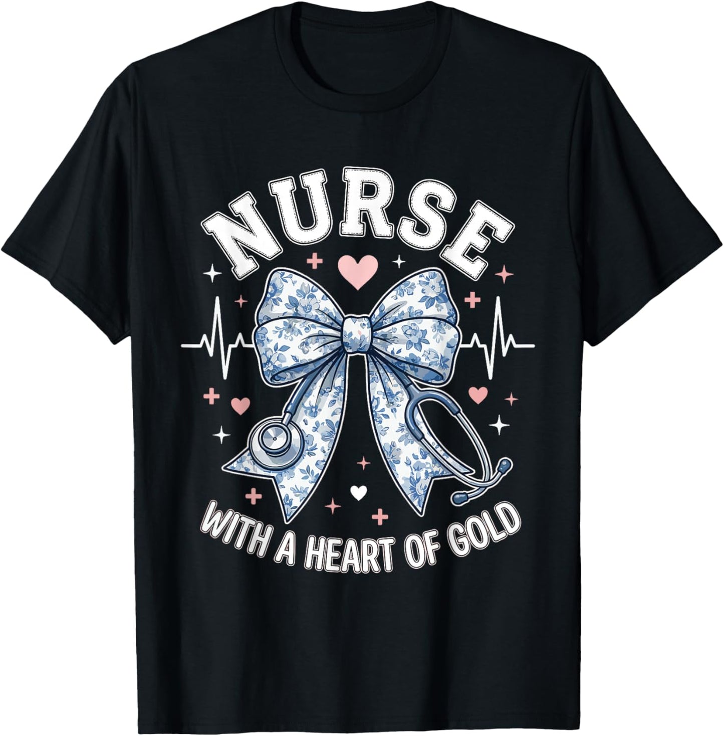 Cute Nurse Bow with A Heart of Gold Nursing Student RN | CNA T-Shirt - T-Shirt | Black
