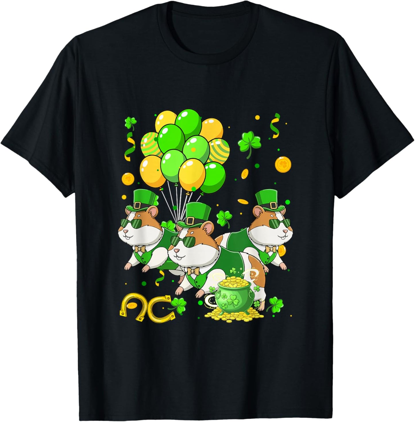 Three Cute Hamsters St. Patrick's Day Coin Shamrocks Irish T-Shirt - T-Shirt | Black
