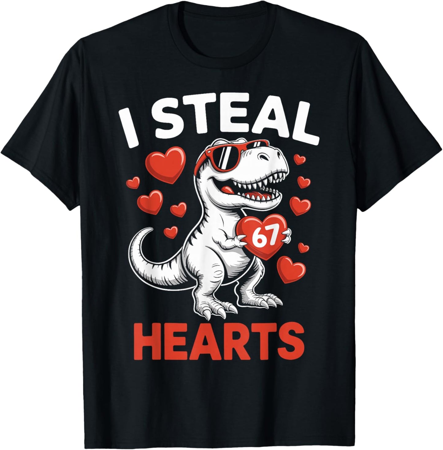 I Steal 67 Hearts Valentine’s Day Six Seven Meme T-Rex Boys T-Shirt - T-Shirt | Black