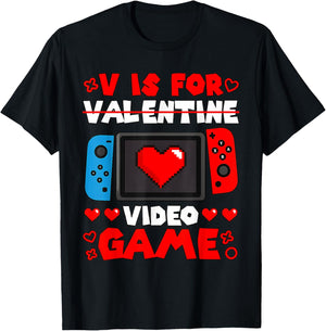 V is for Video Games Funny Heart Valentines Gamer Boy Men T-Shirt - T-Shirt | Black