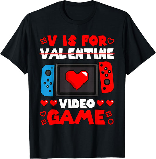 V is for Video Games Funny Heart Valentines Gamer Boy Men T-Shirt - T-Shirt | Black