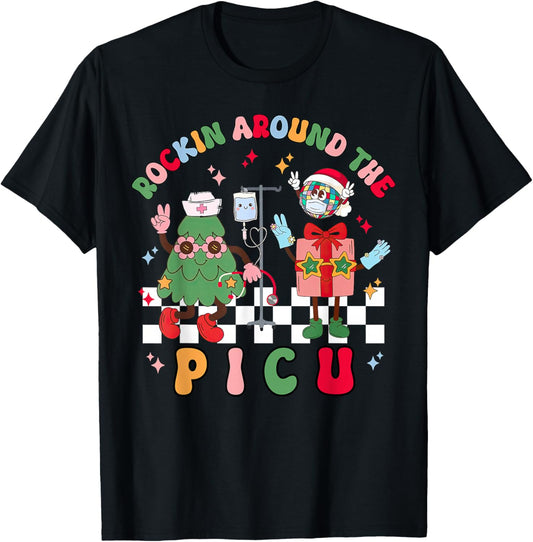 Rockin Around The PICU Nurse Christmas Pediatric ICU Nurse T-Shirt - T-Shirt | Black