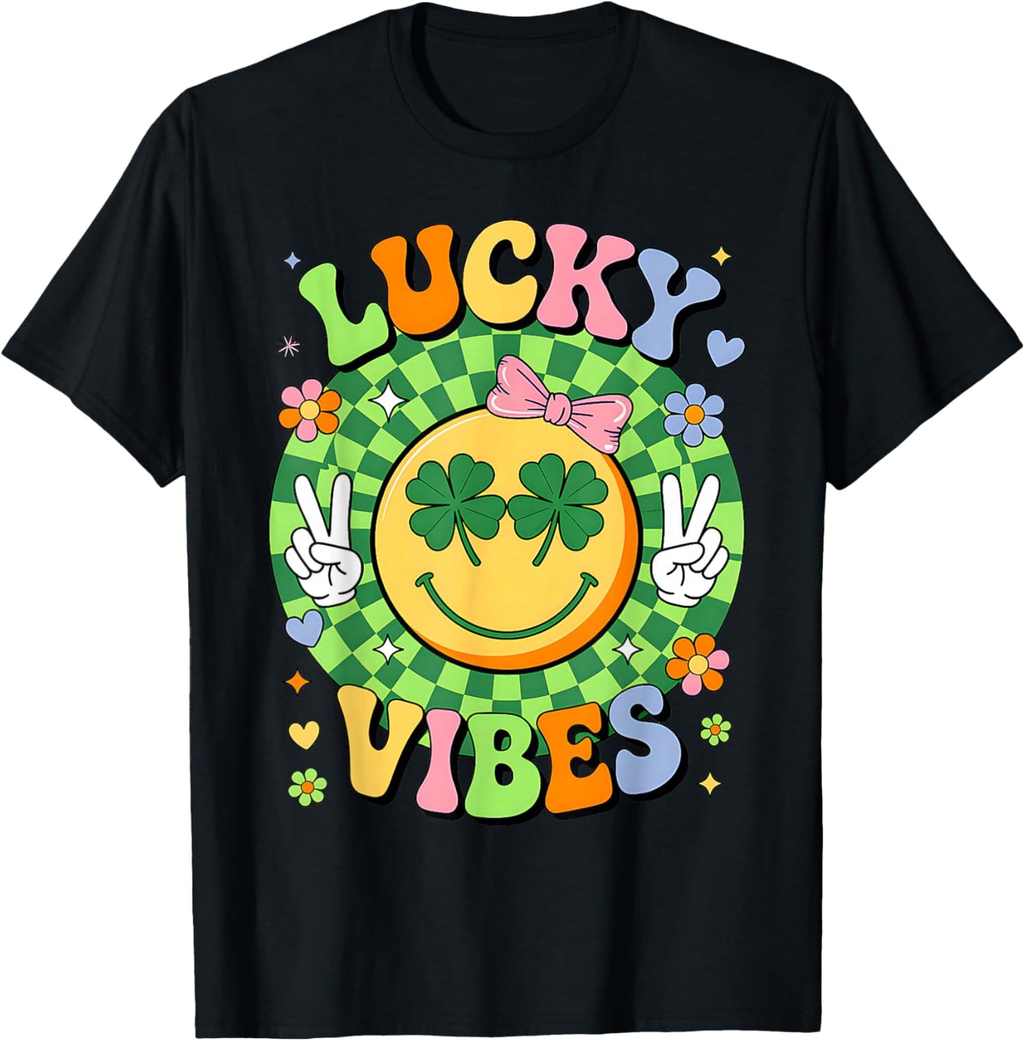 Groovy St Patricks Day Lucky Vibes Shamrock Women Girls Kids T-Shirt - T-Shirt | Black