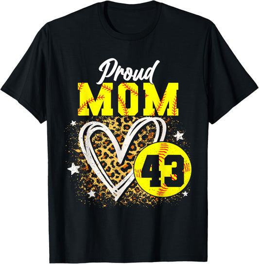 Proud Mom of Softball Player Number 43 Leopard Heart Sports T-Shirt - T-Shirt | Black