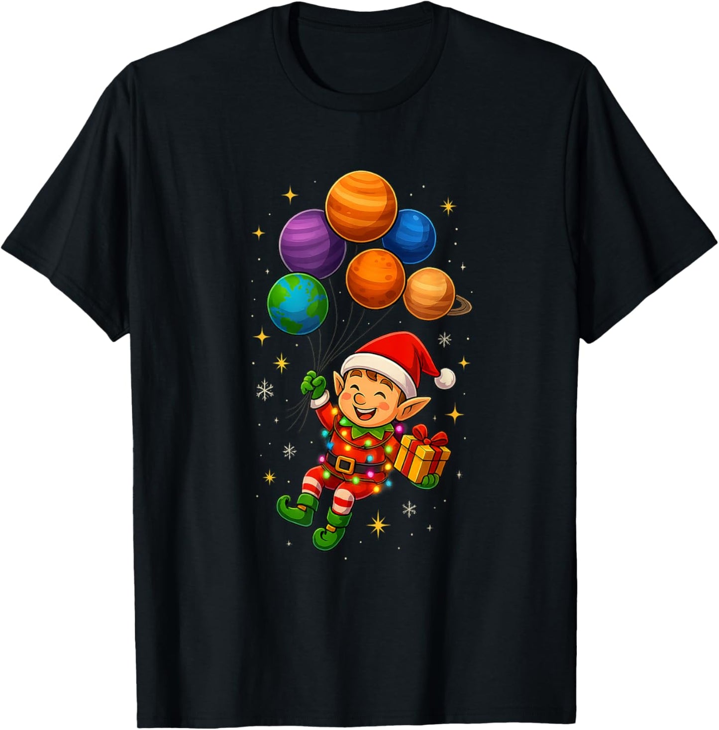 Funny Elf Astronaut with Planets Christmas Pjs for Spaceman T-Shirt - T-Shirt | Black