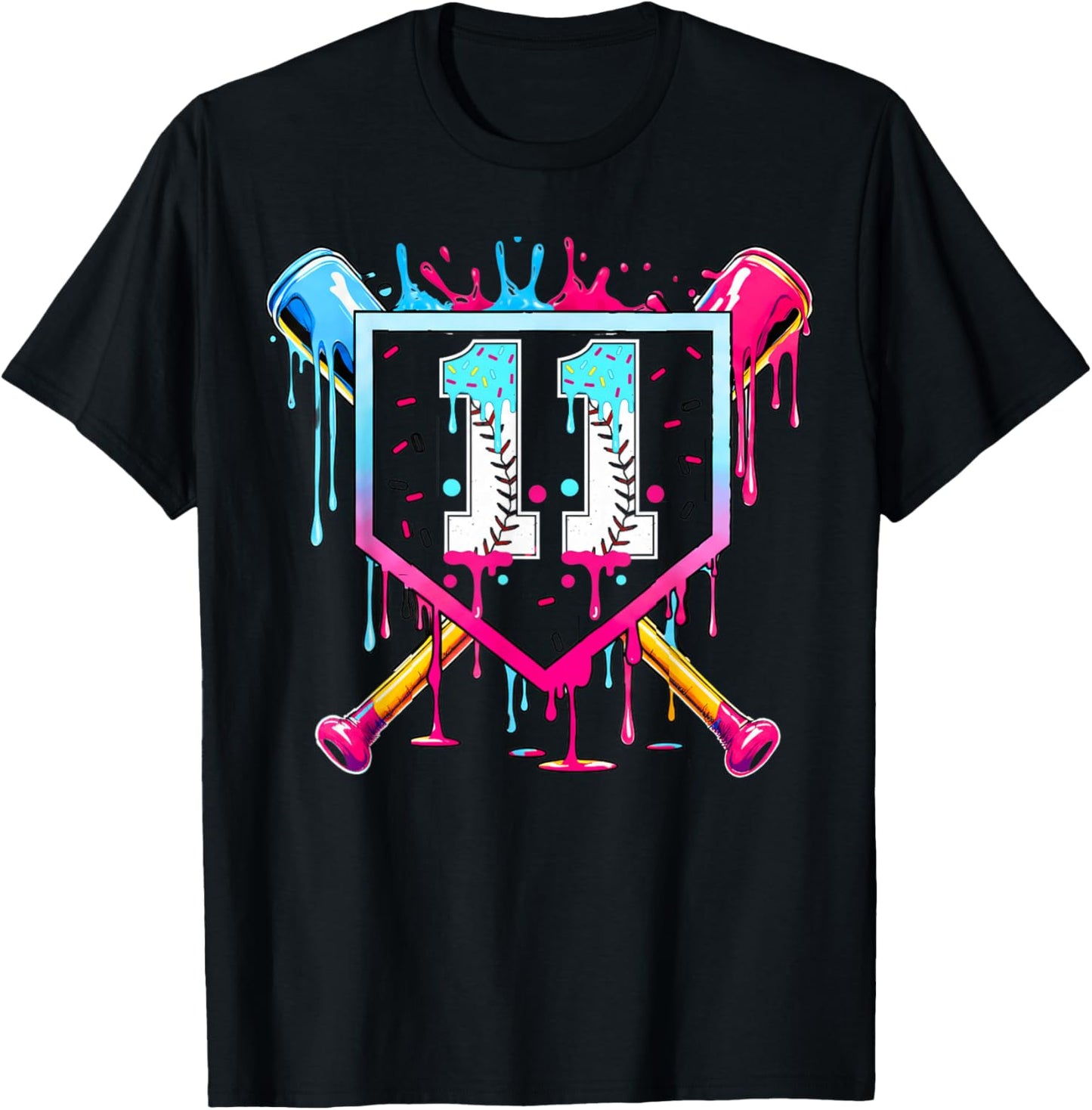 11th Birthday Boys Baseball Ice Cream Drip Boys Baseball T-Shirt - T-Shirt | Black