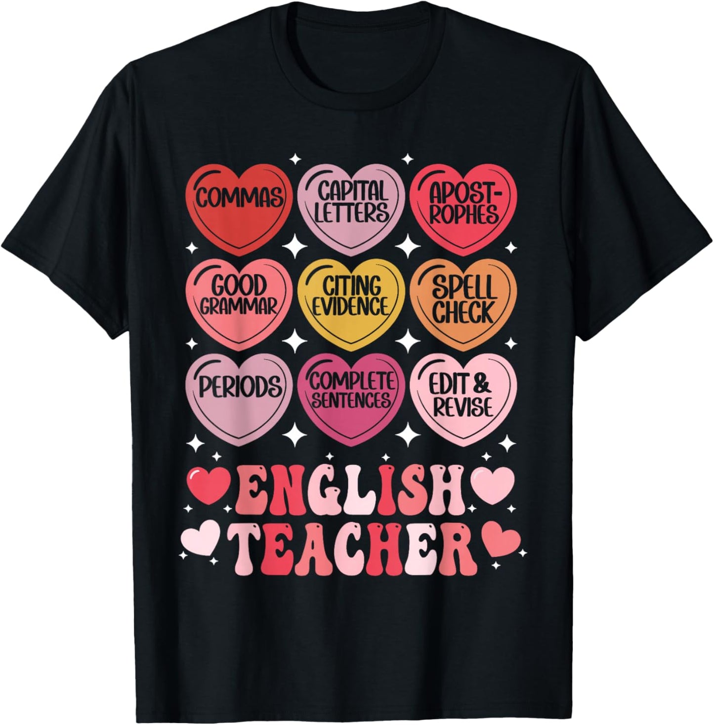 English Teacher Valentine's Day Grammar ELA Teacher Hearts T-Shirt - T-Shirt | Black