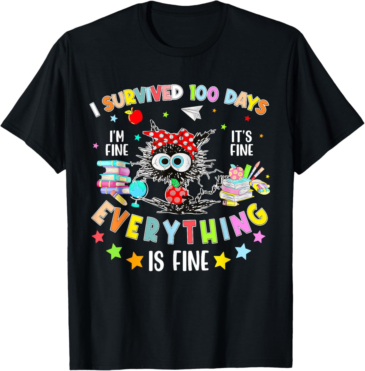 I Survived 100 Days of School Teacher Kids Funny Cat Lover T-Shirt - T-Shirt | Black