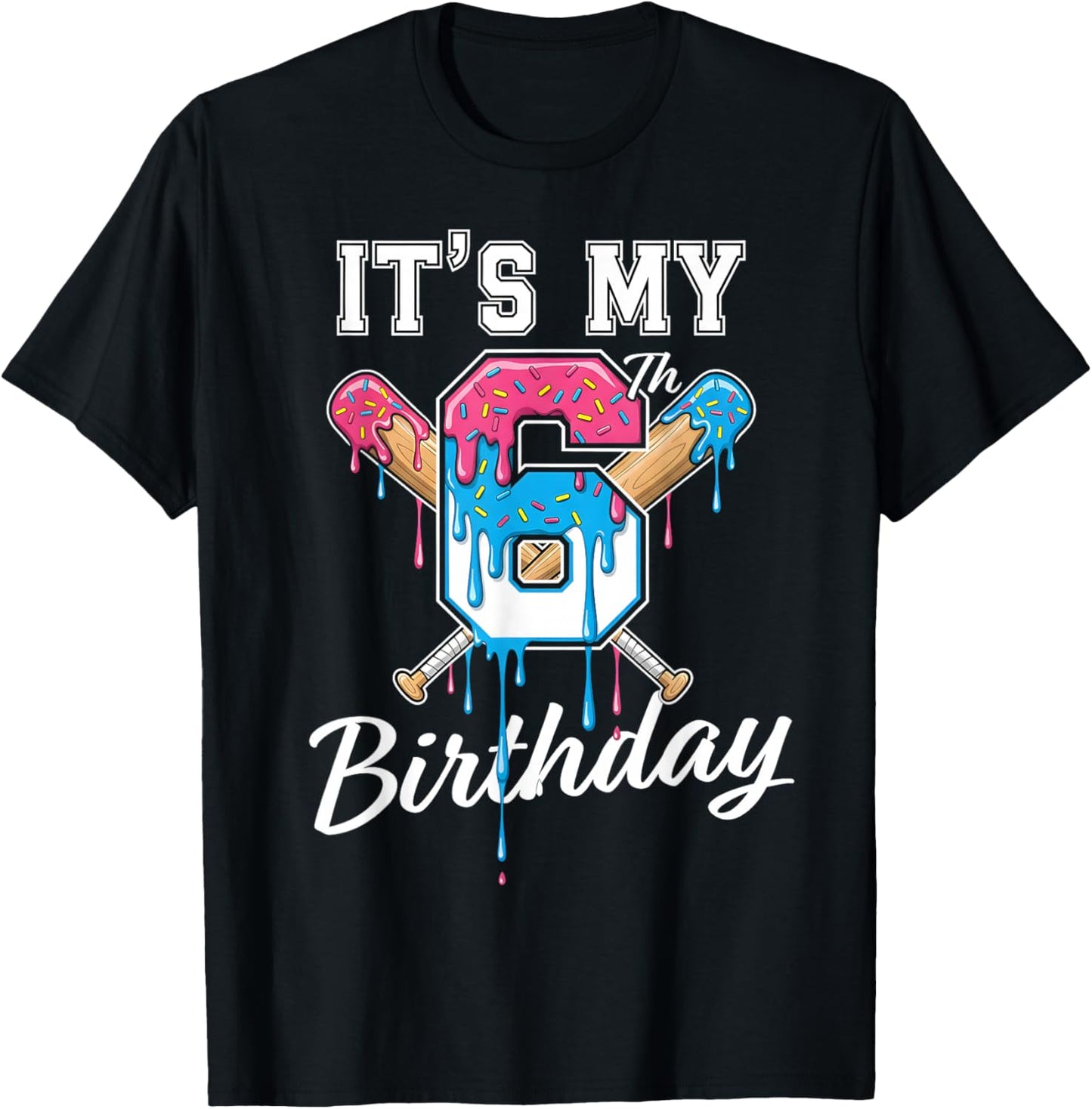 Baseball 6 Year Old Ice Cream Drip 6th Birthday Boy Number 6 T-Shirt - T-Shirt | Black