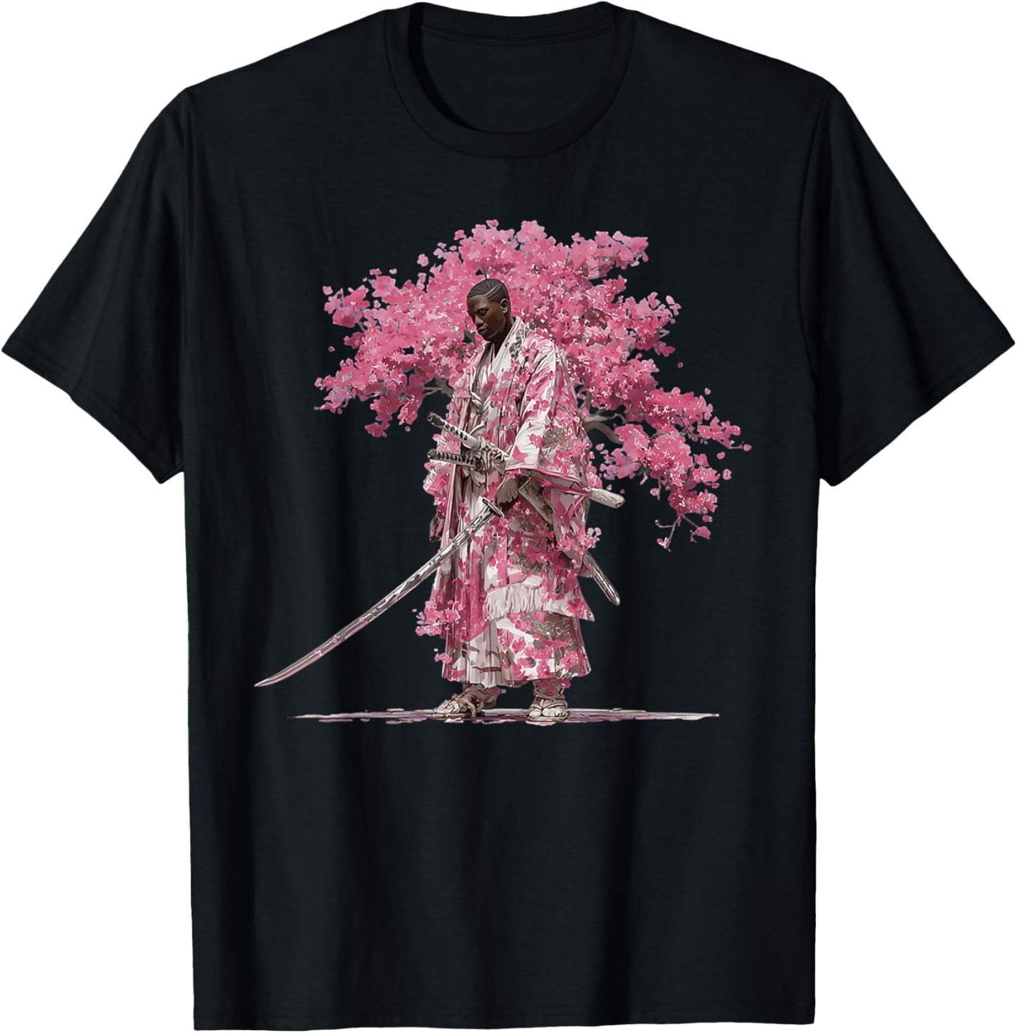 African Cherry Blossom Samurai King with Pink Kimono T-Shirt - T-Shirt | Black