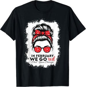 Go Red for American Women Heart Disease Awareness Messy Bun T-Shirt - T-Shirt | Black