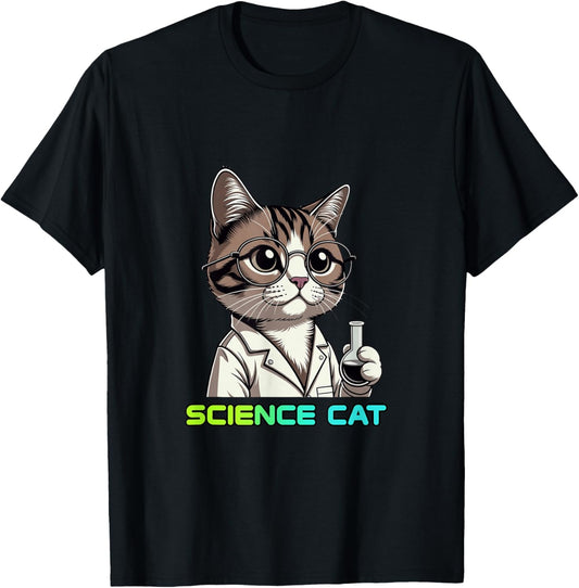Cute Scientist Cat Laboratory Science Cartoon T-Shirt - T-Shirt | Black