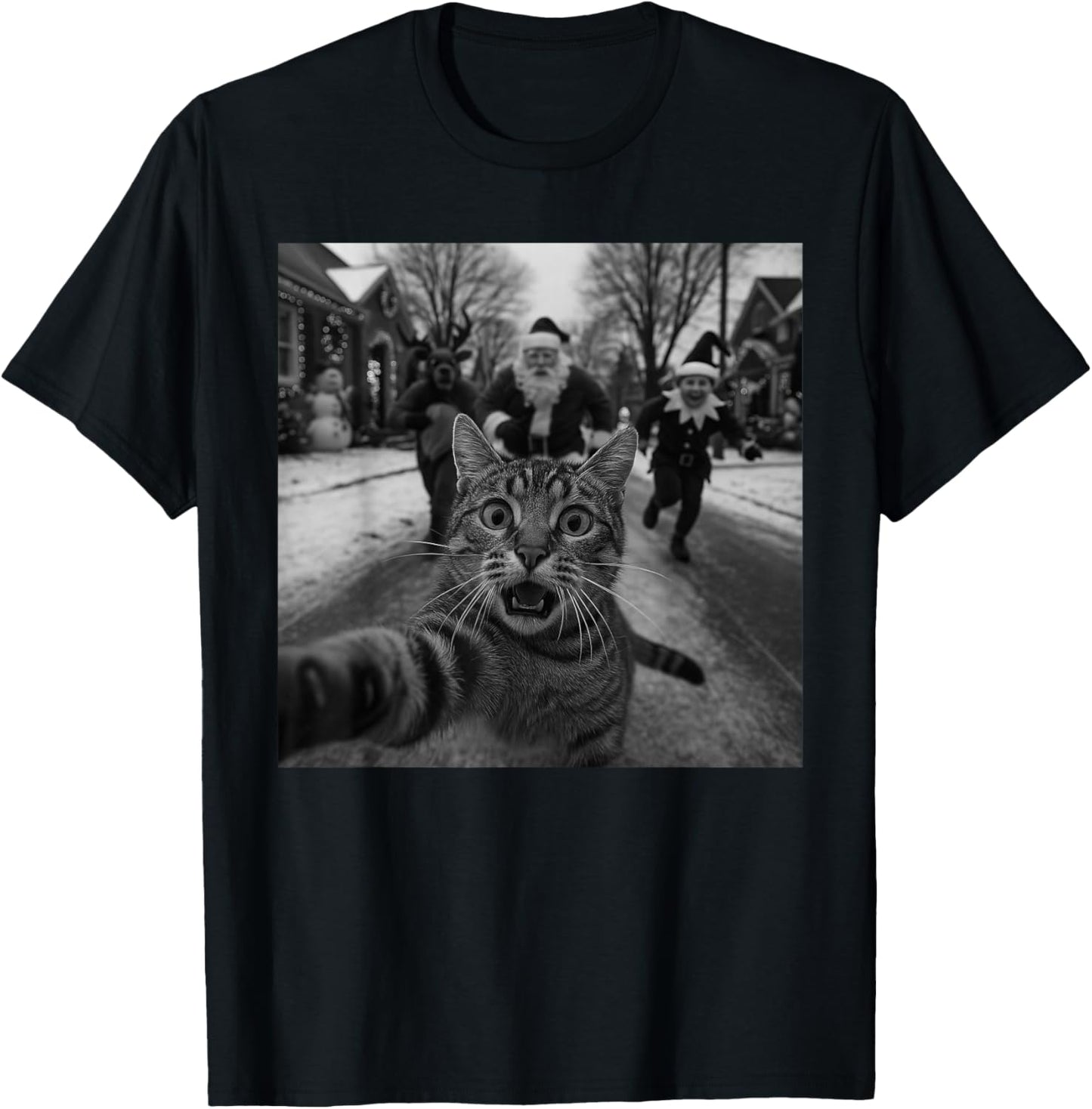 Funny Christmas Surprised Scared Cat Selfie Deer Santa Elf T-Shirt - T-Shirt | Black