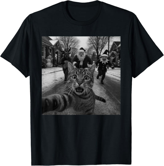 Funny Christmas Surprised Scared Cat Selfie Deer Santa Elf T-Shirt - T-Shirt | Black