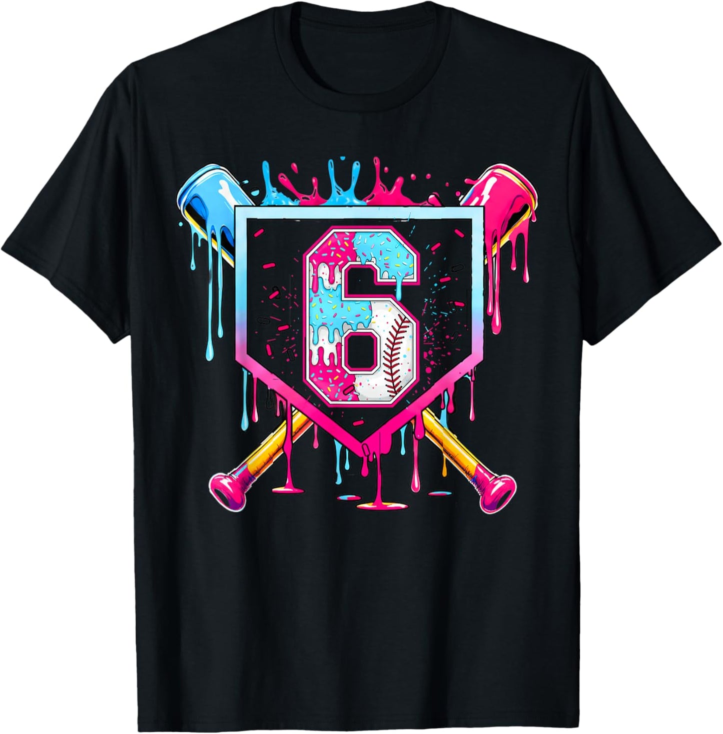 6th Birthday Boys Baseball Ice Cream Drip Bday Boys Baseball T-Shirt - T-Shirt | Black