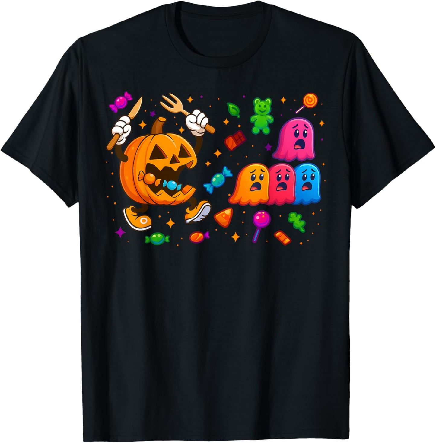 Gamer Pumpkin Eating Ghost Halloween Costume Men Boys Kids T-Shirt - T-Shirt | Black