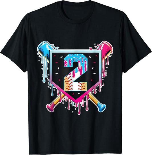 Baseball 2 Year Old Boy Ice Cream Drip 2nd Birthday Player T-Shirt - T-Shirt | Black