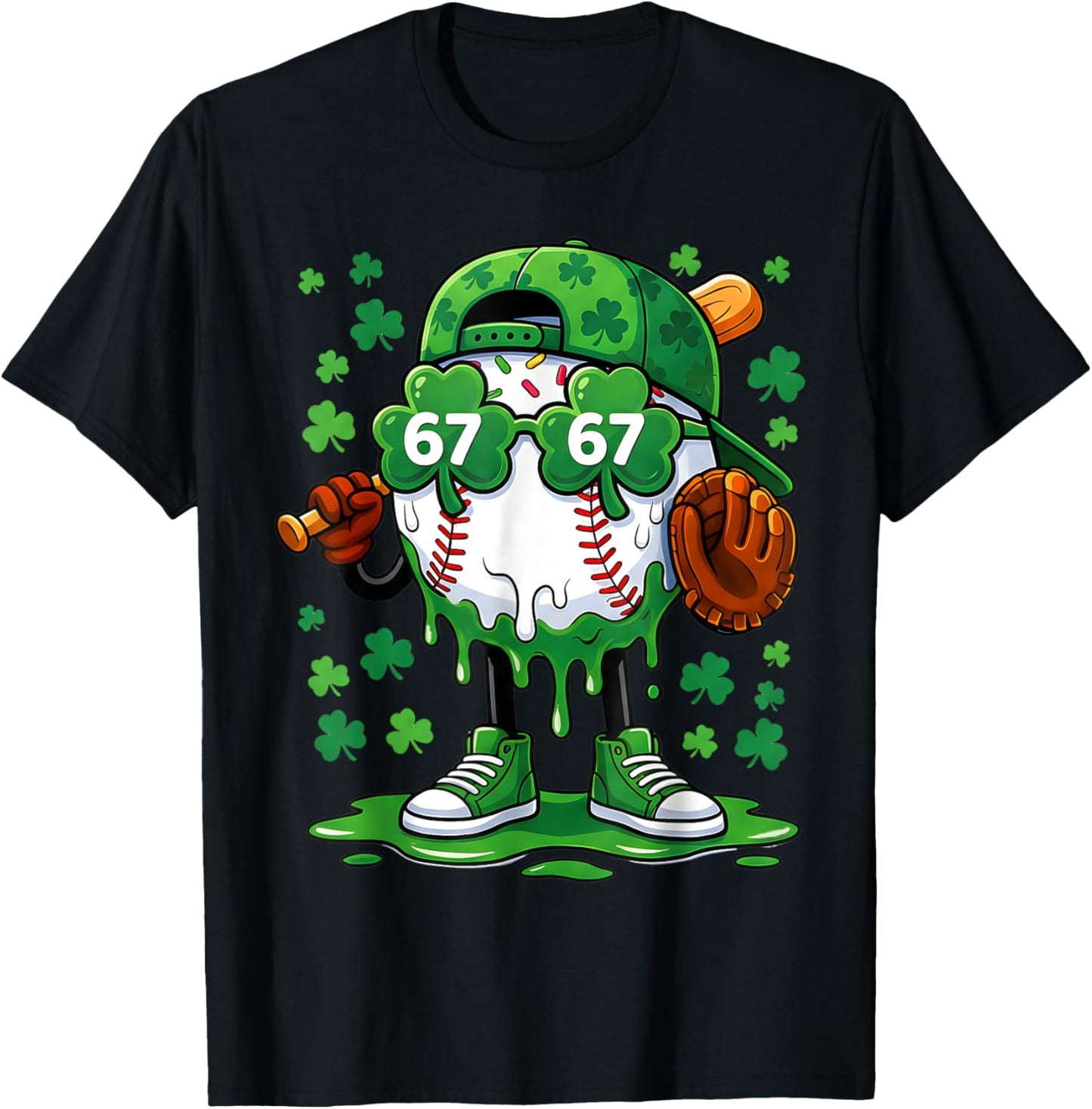 Funny 67 Baseball Drip St Patricks Day Shamrock Green T-Shirt - T-Shirt | Black