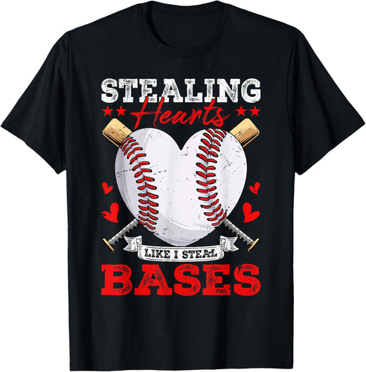 Stealing Hearts Like I Steal Bases Baseball Valentines T-Shirt - T-Shirt | Black