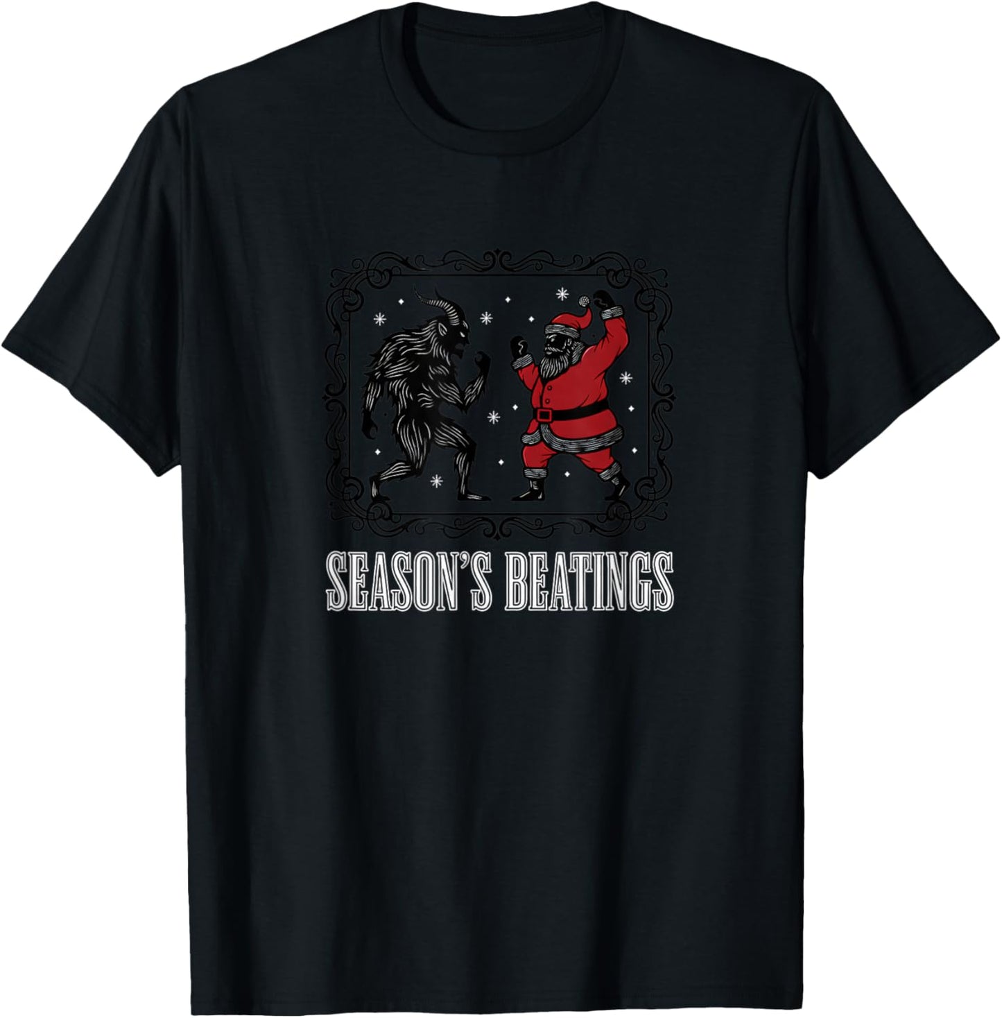 Christmas Season's Beatings Santa Vs Krampus Funny Holiday T-Shirt - T-Shirt | Black