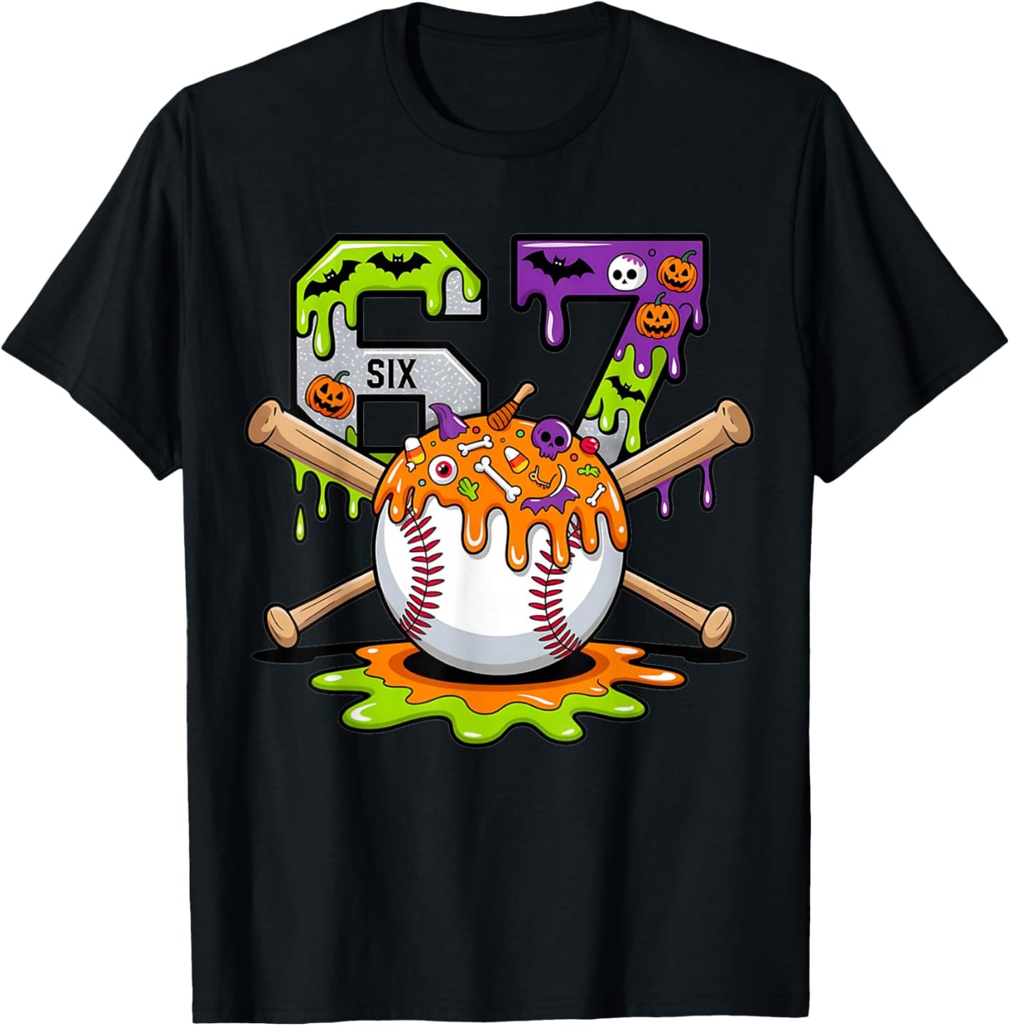 Spooky Halloween Baseball Ice Cream Dripping Six Seven 6 7 T-Shirt - T-Shirt | Black