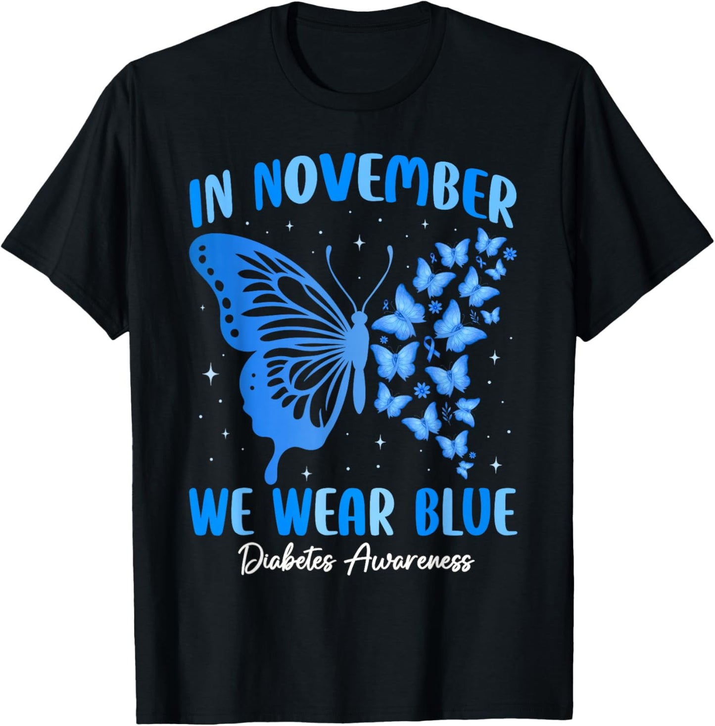 in November We Wear Blue Diabetes Awareness Ribbon Butterfly T-Shirt - T-Shirt | Black