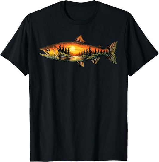 Salmon Fishing Sunset Nature Landscape T-Shirt - T-Shirt | Black
