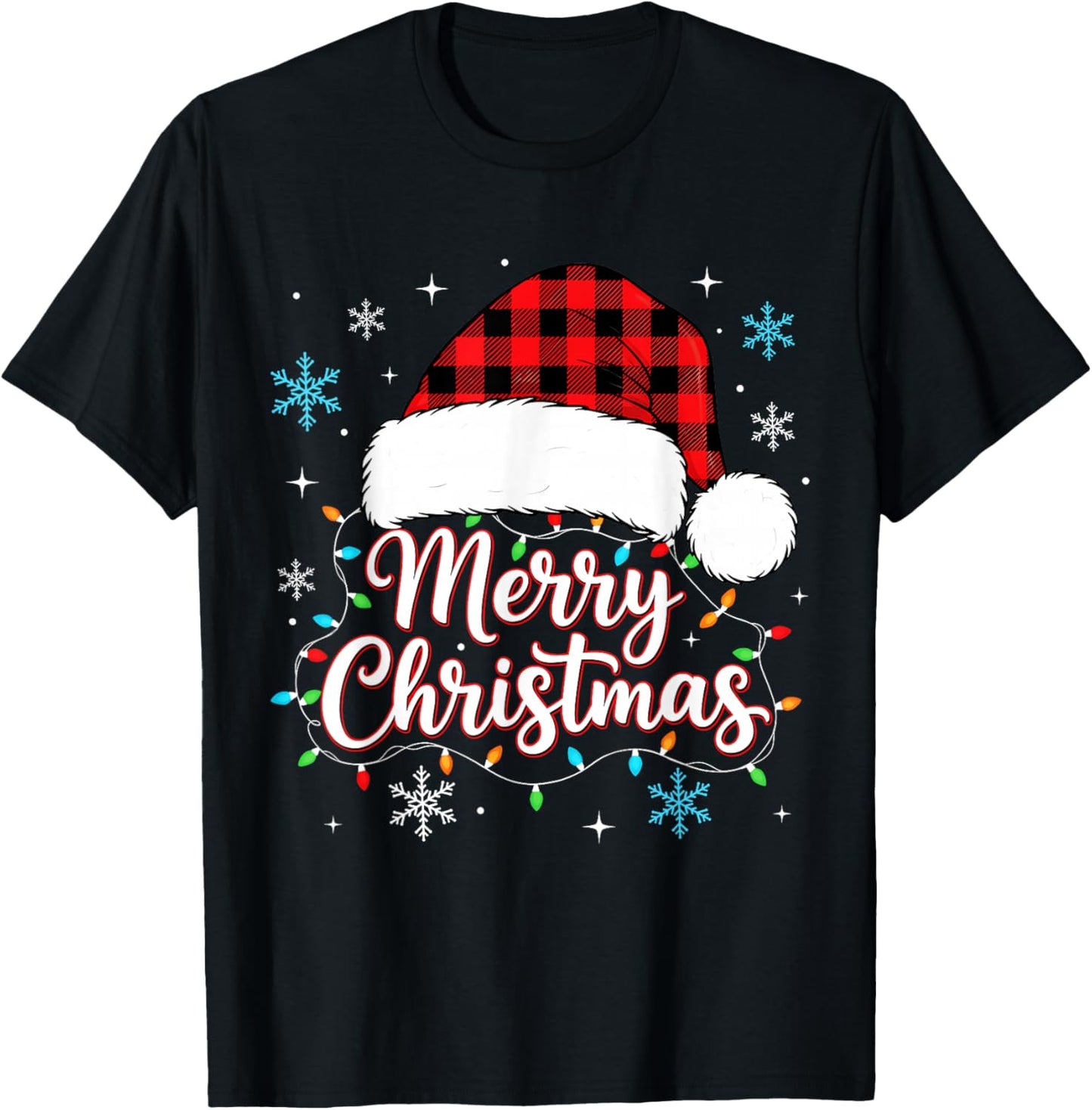 Funny Merry Christmas Buffalo Plaid Santa Hat Men Women Kids T-Shirt - T-Shirt | Black