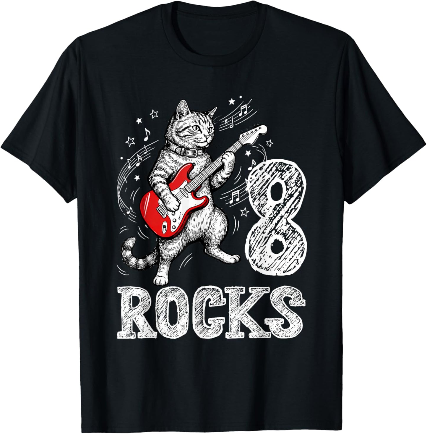 Funny Cat Playing Guitar 8 Rocks 8th Birthday Kids Gift T-Shirt - T-Shirt | Black