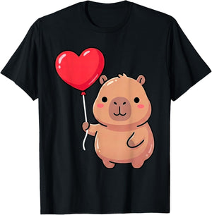 Cute Valentine's Day Capybara Holding Heart Balloon Kawaii T-Shirt - T-Shirt | Black