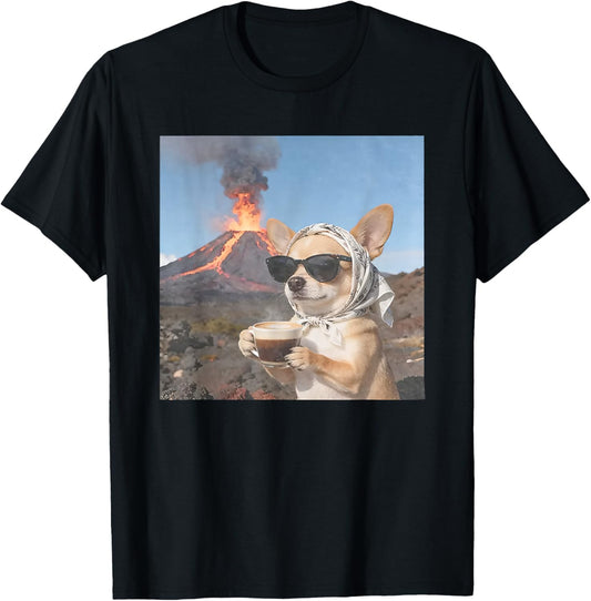 Chihuahua Drinking Coffee Volcano eruptions Funny Dog Meme T-Shirt - T-Shirt | Black
