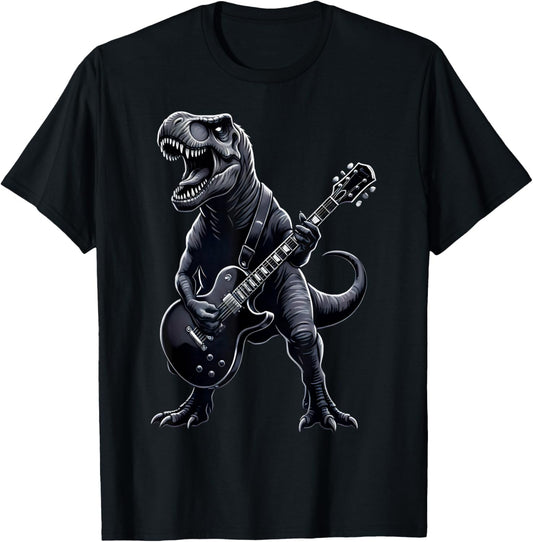 Funny Punk Dinosaur, Rock'n Roll Goth Dino, Guitar Band T-Shirt - T-Shirt | Black