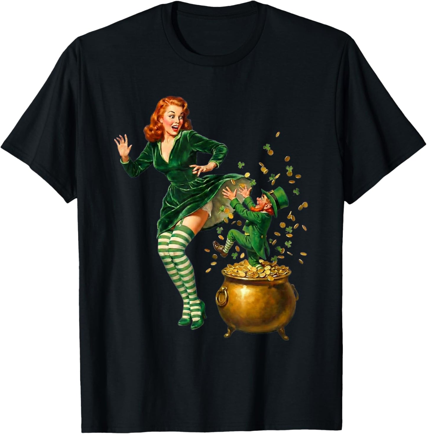 Vintage St Patricks Day Pinup Leprechaun Lucky Pot of Gold T-Shirt - T-Shirt | Black