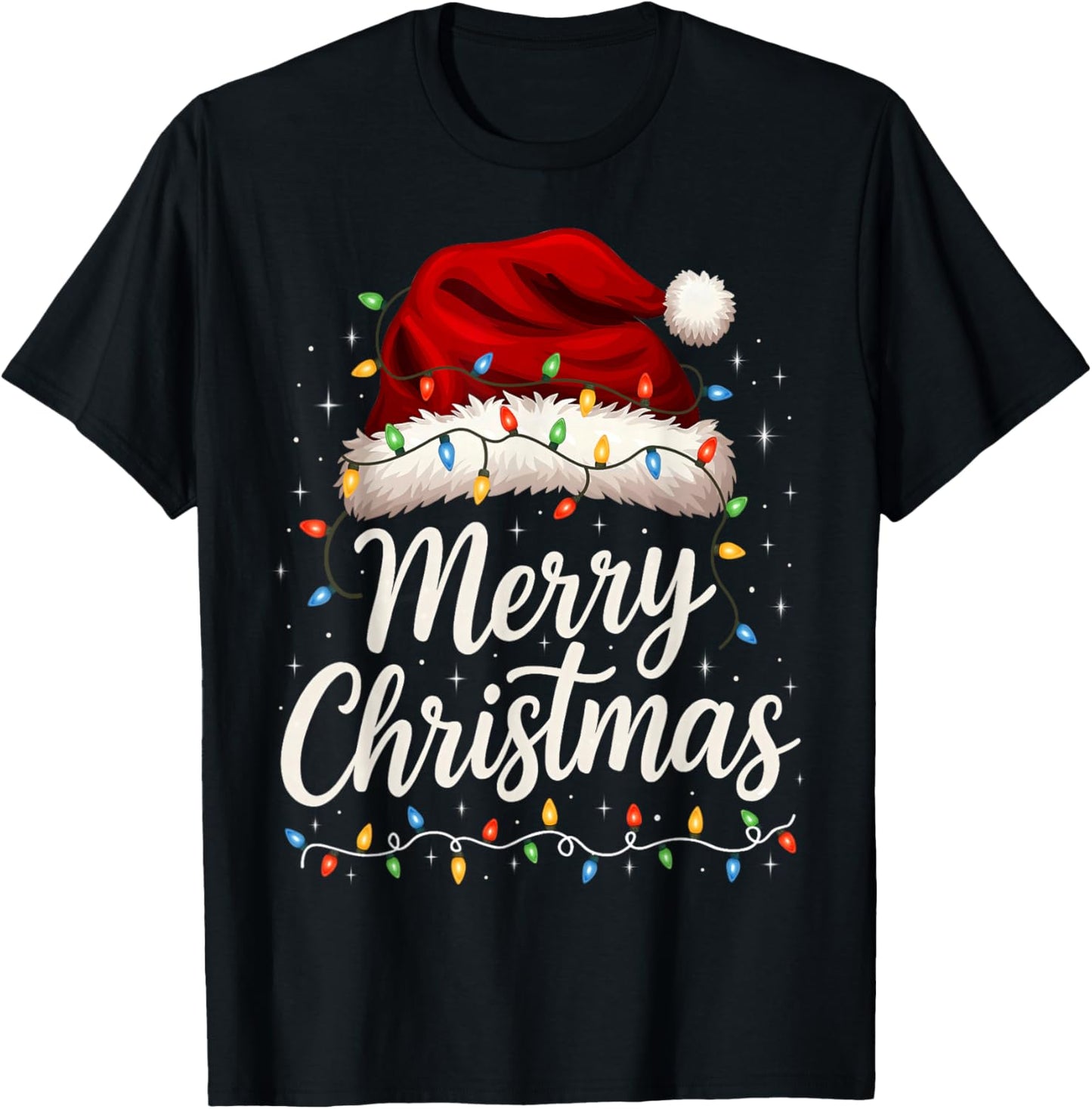 Merry Christmas Lights Red Santa Hat Xmas Family Men Women T-Shirt - T-Shirt | Black