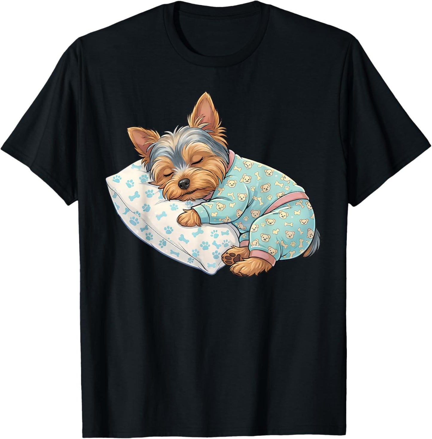 Cute Yorkshire Terrier Dog Sleeping in Pajamas Bedtime Art T-Shirt - T-Shirt | Black