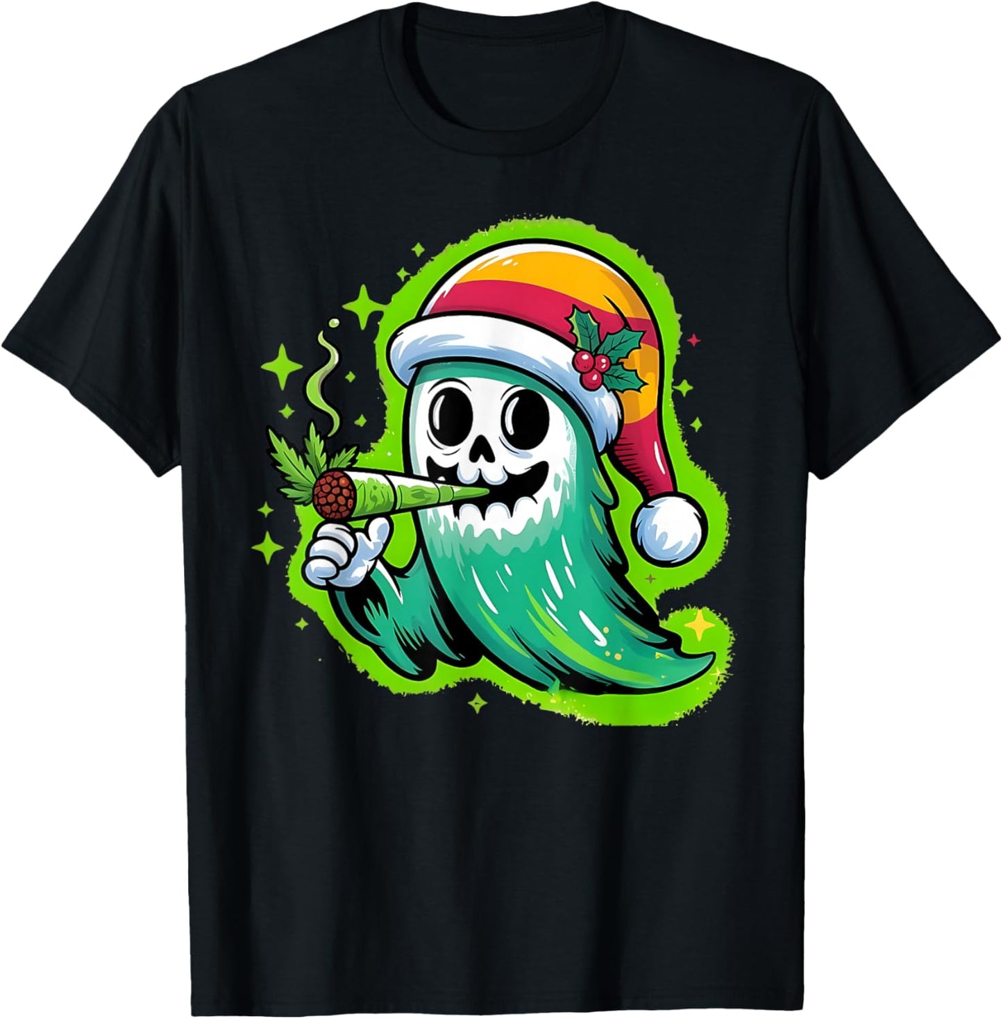 Ghost Santa Hat Smoking Stoner Weed 420 Cannabis Christmas T-Shirt - T-Shirt | Black