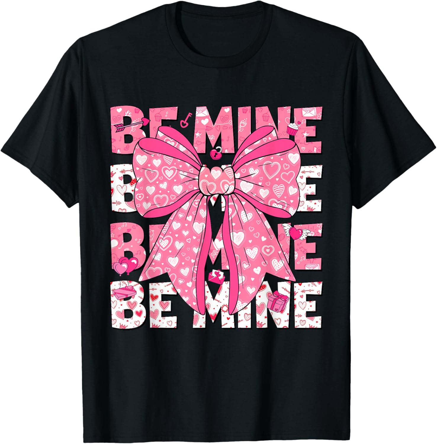 Be Mine Valentine Pink Heart Coquette Bow Girl Women Kid T-Shirt - T-Shirt | Black