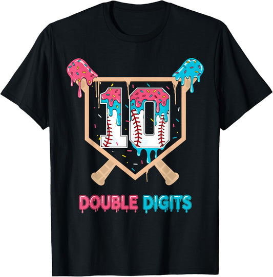 Baseball 10 Year Old Ice Cream Drip 10th Bday Double Digits T-Shirt - T-Shirt | Black
