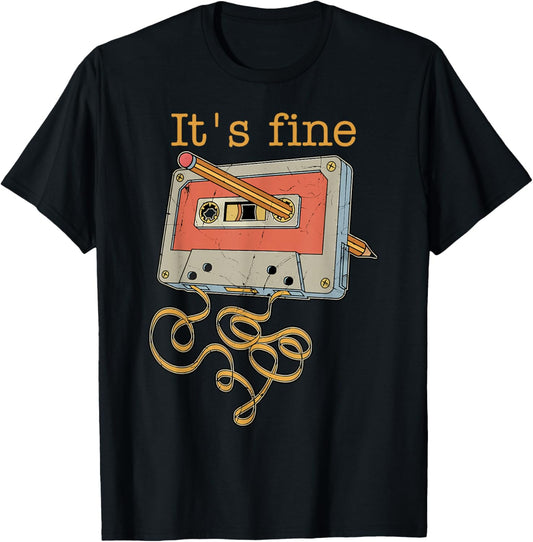 Vintage It's Fine Cassette Tape with Pencil 80's 90's Music T-Shirt - T-Shirt | Black