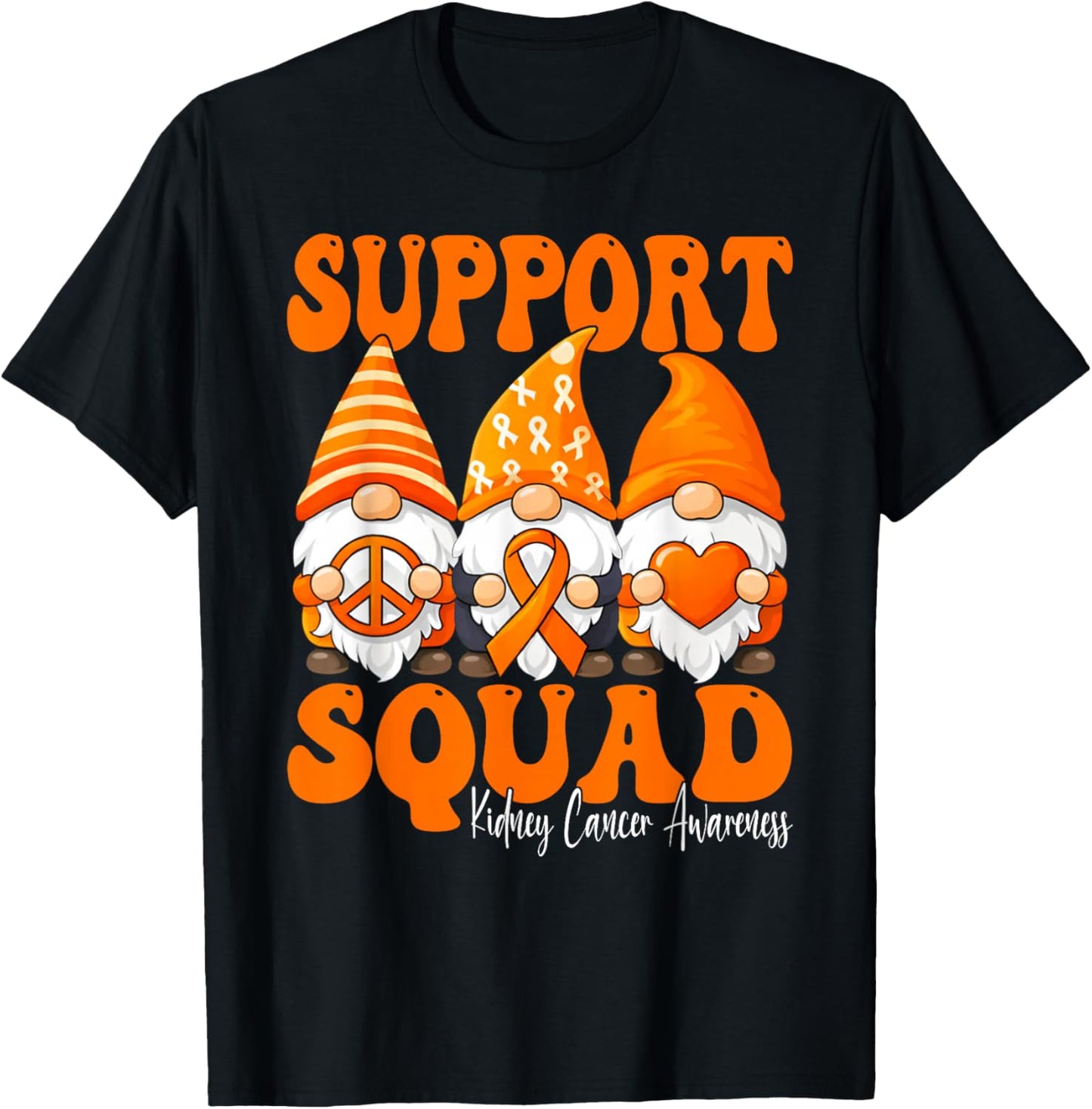 Support Squad Gnomes Kidney Cancer Month Awareness Orange T-Shirt - T-Shirt | Black