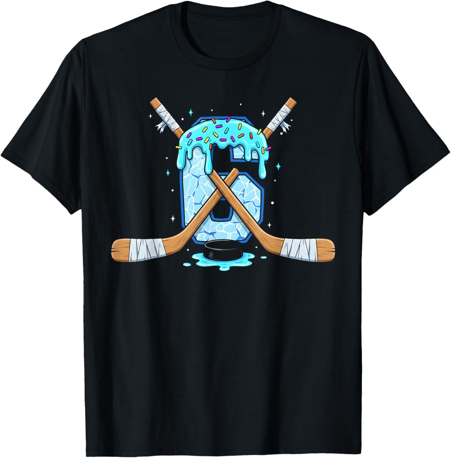 6 Year Old Hockey Ice Cream Drip Youth 6th Birthday Boys T-Shirt - T-Shirt | Black
