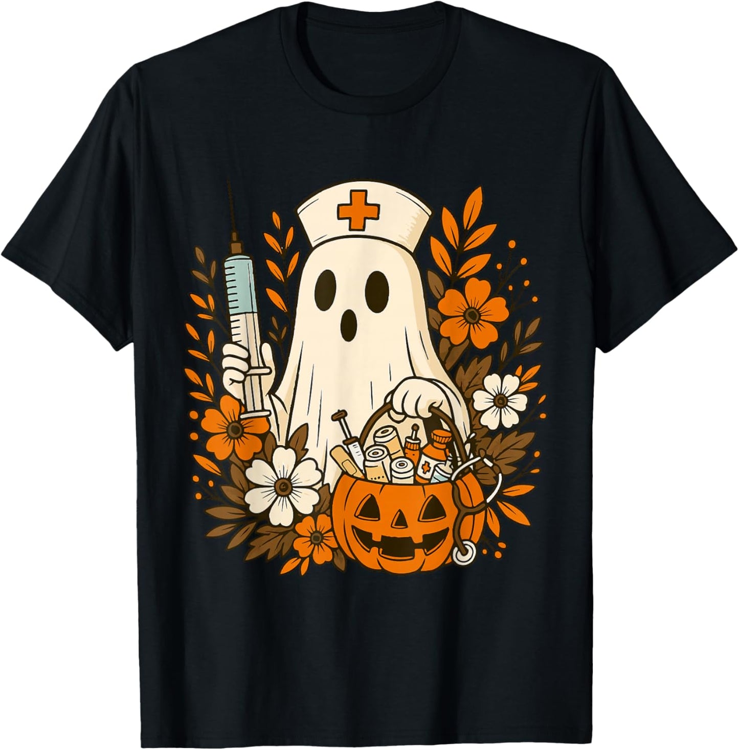 Nurse Ghost Pumpkin Halloween Autumn Nurse Halloween T-Shirt - T-Shirt | Black