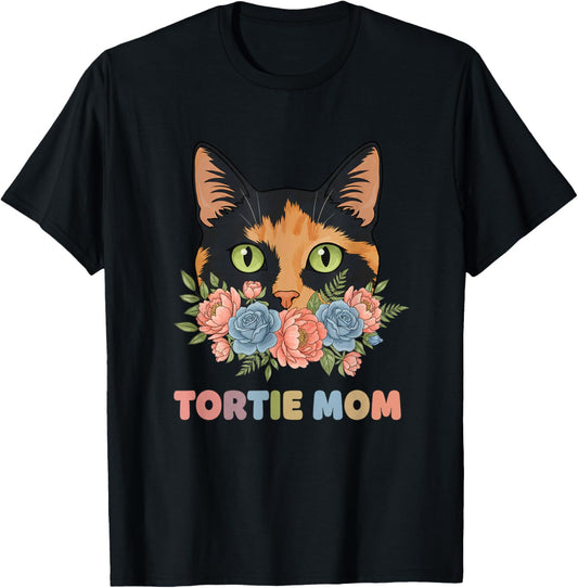 Tortie Mom Cat Floral Design for Cat Lovers Girls T-Shirt - T-Shirt | Black